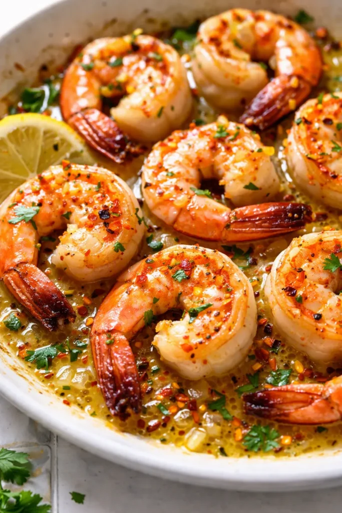 Glossy lemon garlic butter shrimp in a cast iron skillet, garnished with parsley and lemon wedges, juicy and tender in rich golden sauce.