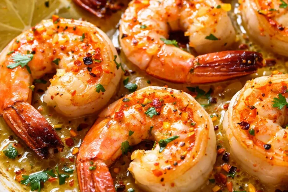 Glossy lemon garlic butter shrimp in a cast iron skillet, garnished with parsley and lemon wedges, juicy and tender in rich golden sauce.