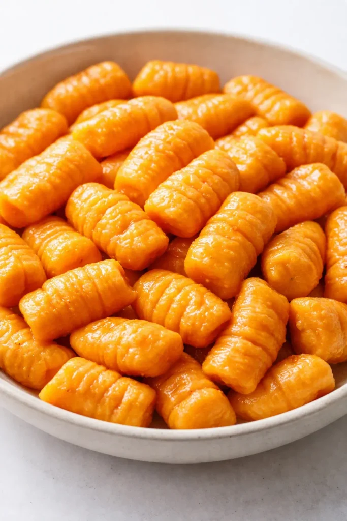 Healthy sweet potato gnocchi with golden-orange color, soft pillowy texture, and sage butter.