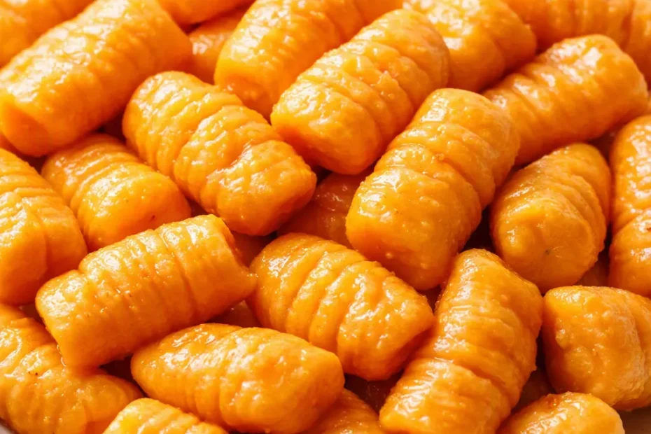 Healthy sweet potato gnocchi with golden-orange color, soft pillowy texture, and sage butter.