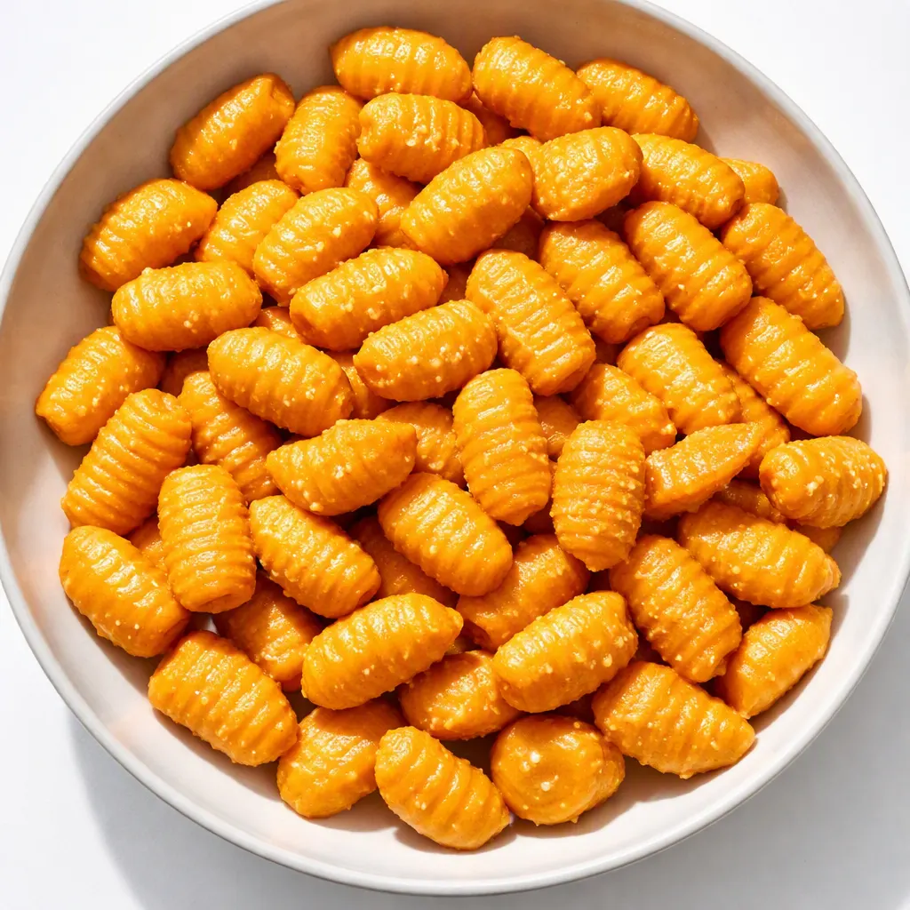 Floured hands kneading healthy sweet potato gnocchi dough, showing bright orange color and soft, tender texture.