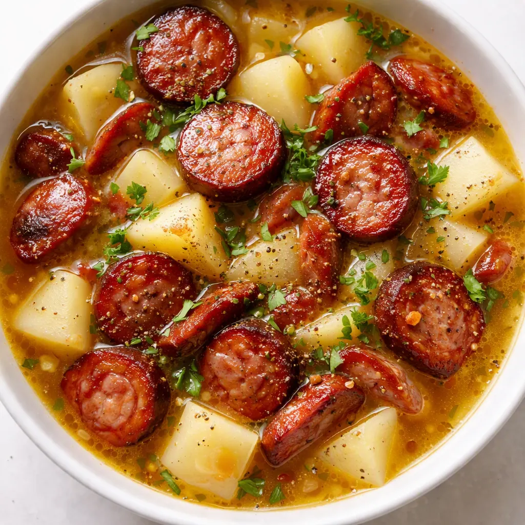 Kielbasa and potato pieces simmering in a rich broth with green herbs, creating a hearty kielbasa sausage potato soup.