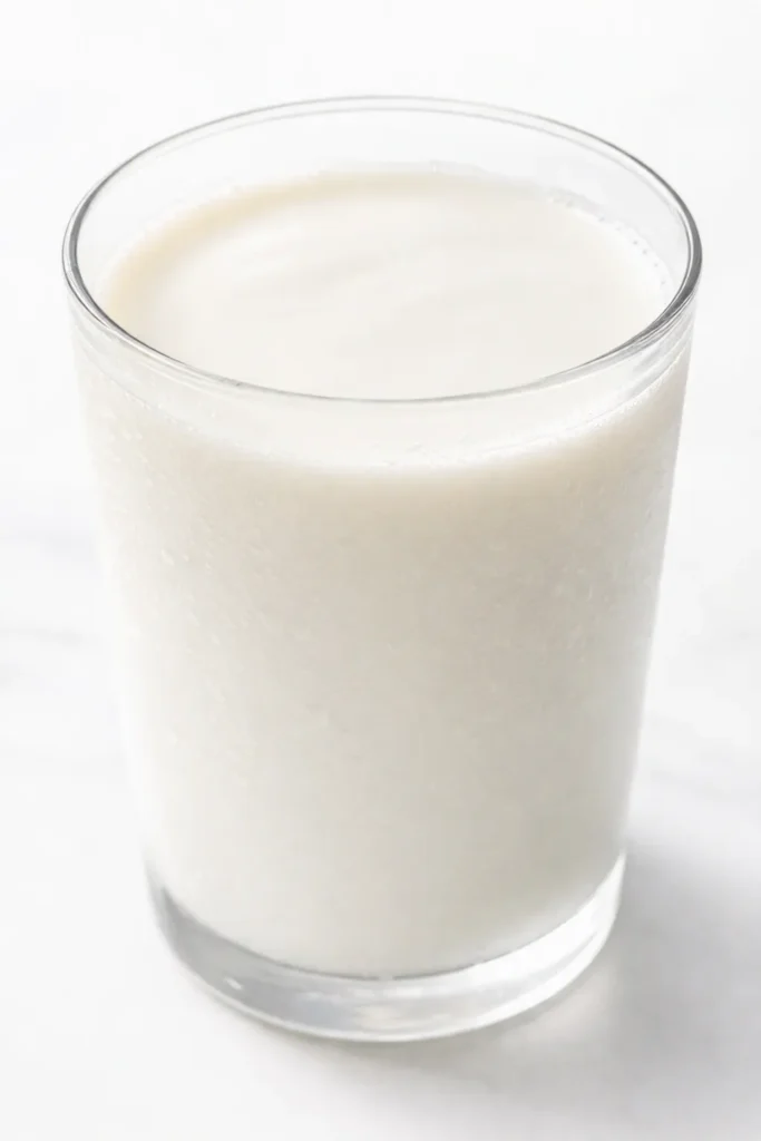 Creamy homemade almond milk in a glass pitcher, pale ivory and velvety, with whole almonds and a cinnamon stick beside it.