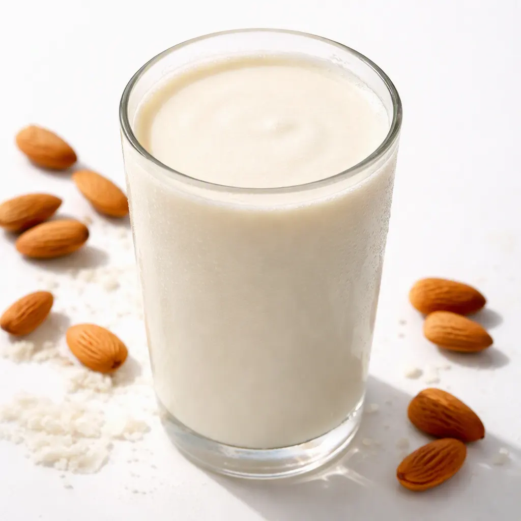 Creamy homemade almond milk being strained through a nut milk bag, with pale white liquid and fine almond pulp visible.