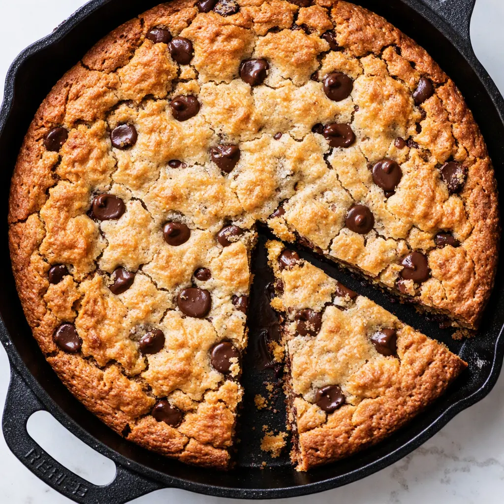 Soft, golden-brown batter for homemade cookie cake in one bowl, studded with chocolate chips, ready to press into a pan.