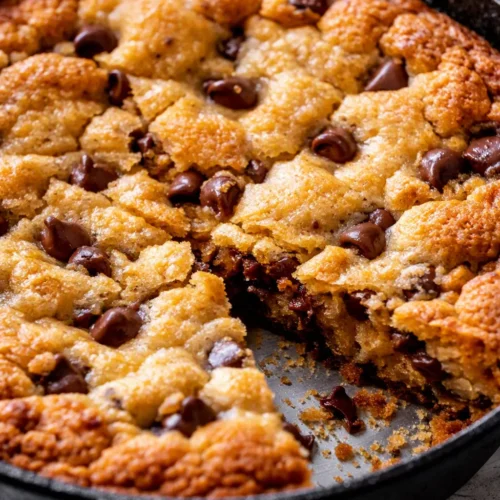 Homemade cookie cake with golden brown edges, soft center, and chocolate chips, ready to slice.