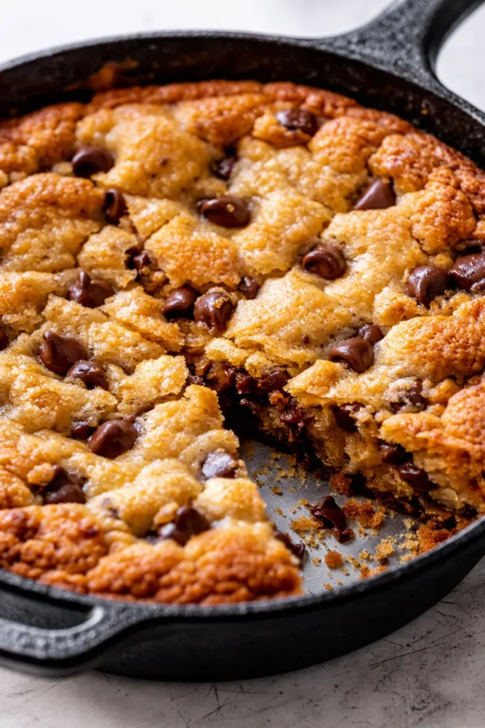 Homemade cookie cake with golden brown edges, soft center, and chocolate chips, ready to slice.