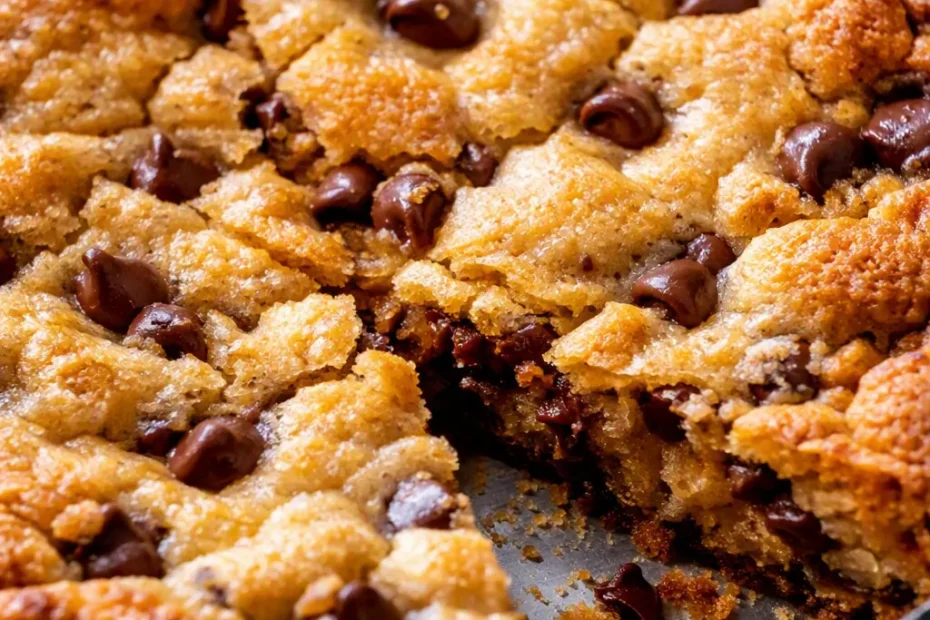 Homemade cookie cake with golden brown edges, soft center, and chocolate chips, ready to slice.