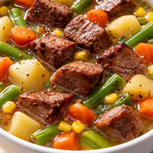 Chunky homemade vegetable beef soup in a rustic bowl, rich broth with carrots, potatoes, and tender beef, steam rising.