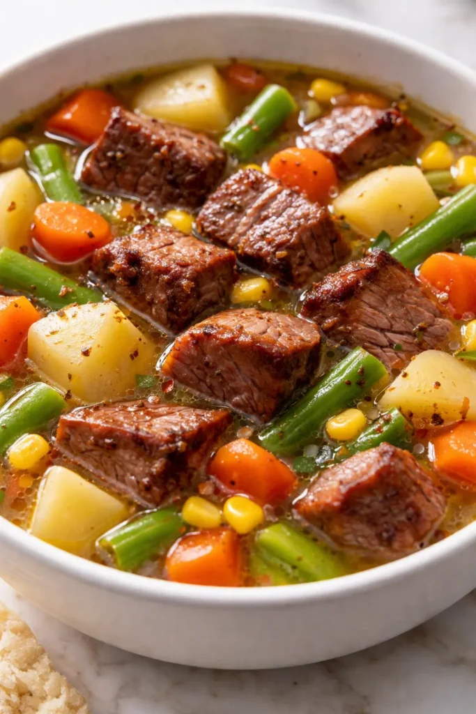 Chunky homemade vegetable beef soup in a rustic bowl, rich broth with carrots, potatoes, and tender beef, steam rising.
