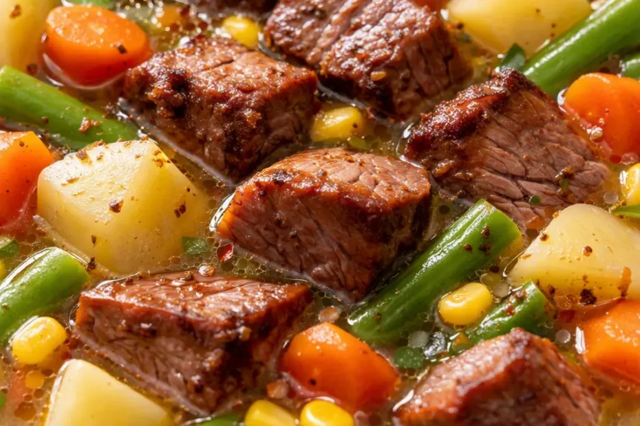 Chunky homemade vegetable beef soup in a rustic bowl, rich broth with carrots, potatoes, and tender beef, steam rising.