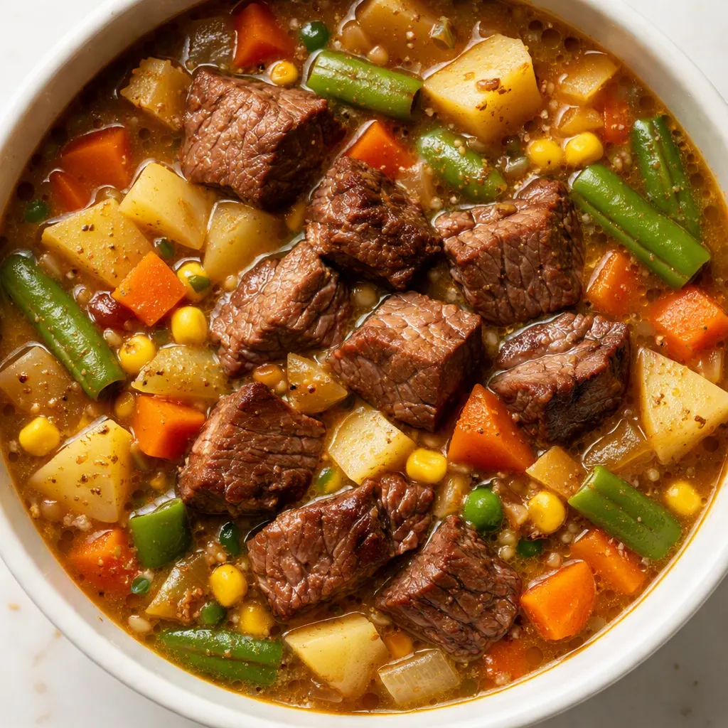 Homemade vegetable beef soup with chunky beef, orange carrots, green celery, and a rich brown broth.