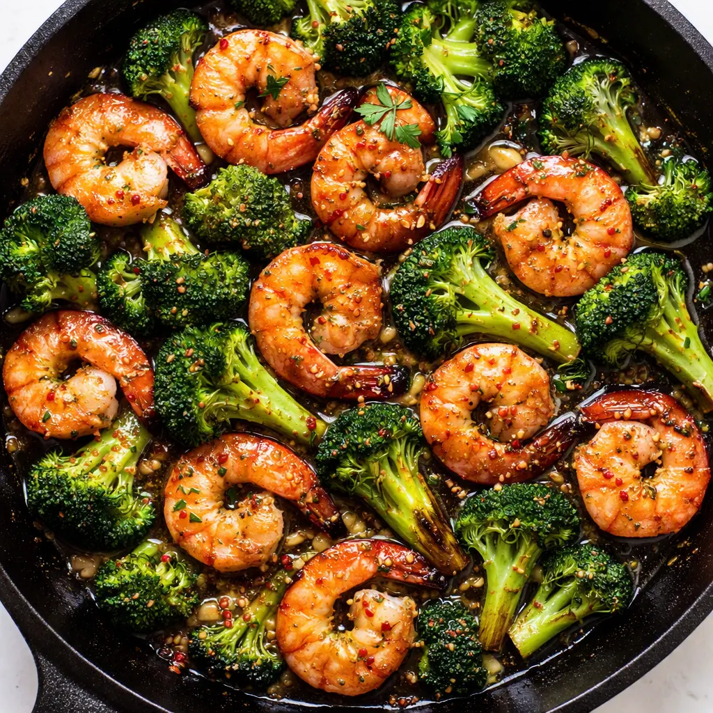 Juicy shrimp and crisp green broccoli florets sizzling in a glossy honey garlic butter sauce in a hot pan