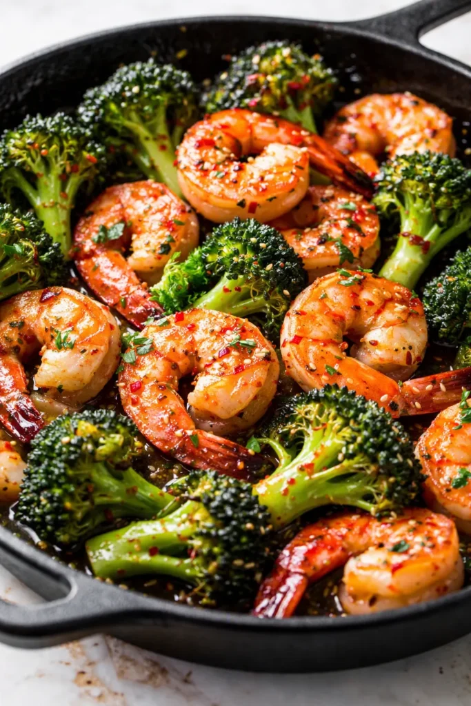 Glossy honey garlic butter shrimp with vibrant green broccoli florets in a savory-sweet sauce.