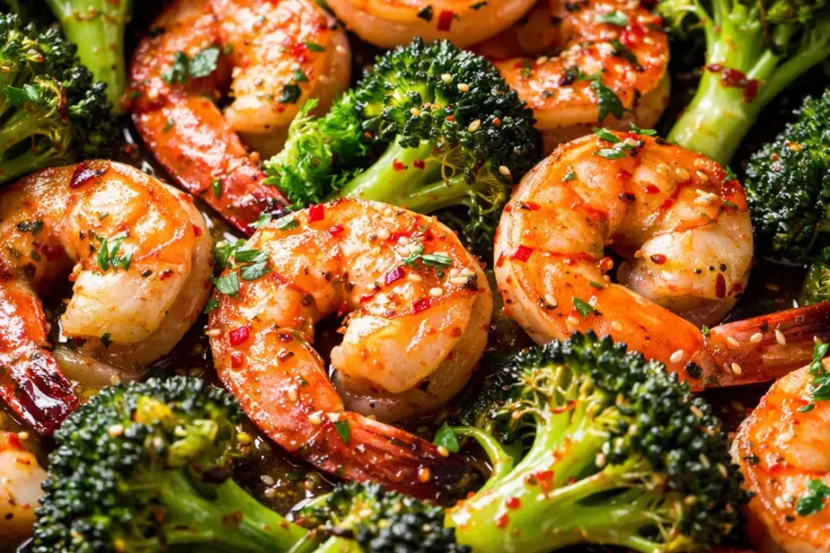 Glossy honey garlic butter shrimp with vibrant green broccoli florets in a savory-sweet sauce.