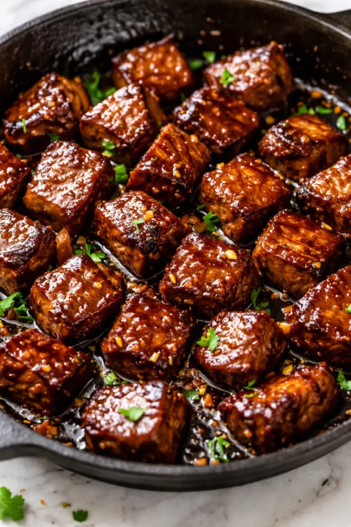 Glossy honey garlic steak bites with caramelized edges in a shiny sauce, topped with sesame seeds and green onions.