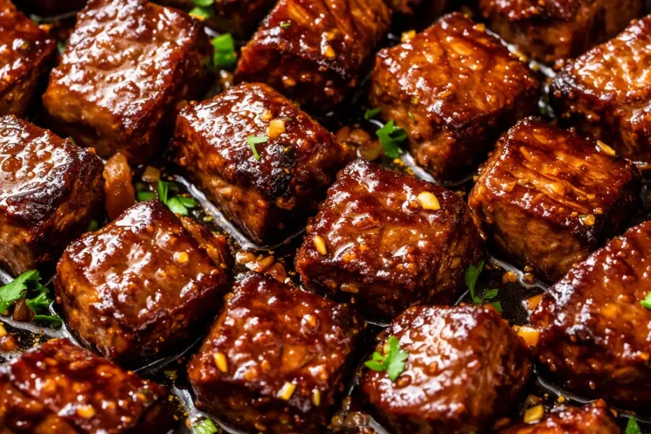 Glossy honey garlic steak bites with caramelized edges in a shiny sauce, topped with sesame seeds and green onions.