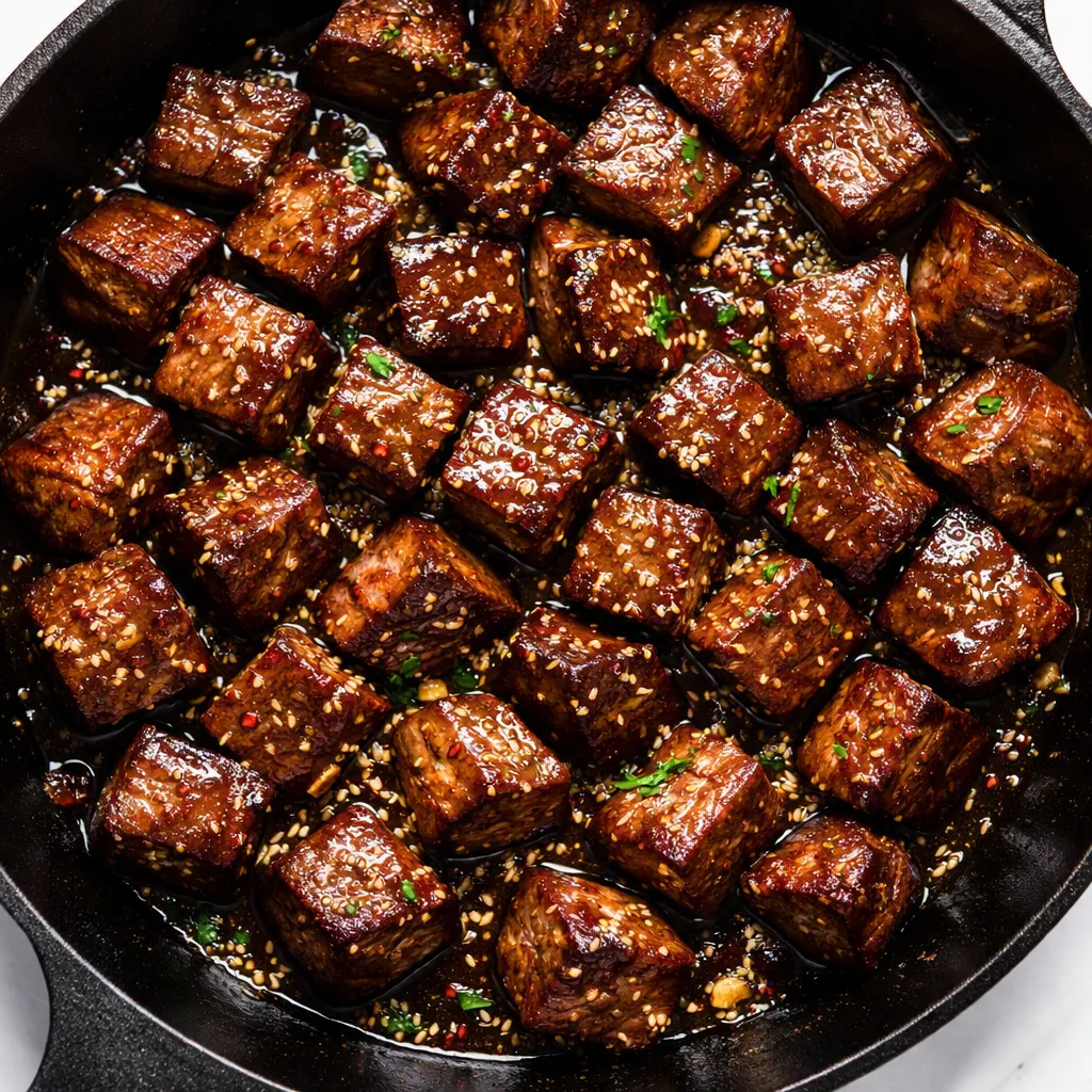 Glossy honey garlic steak bites sizzling in a hot skillet, caramelized edges with a sticky, shiny sauce.