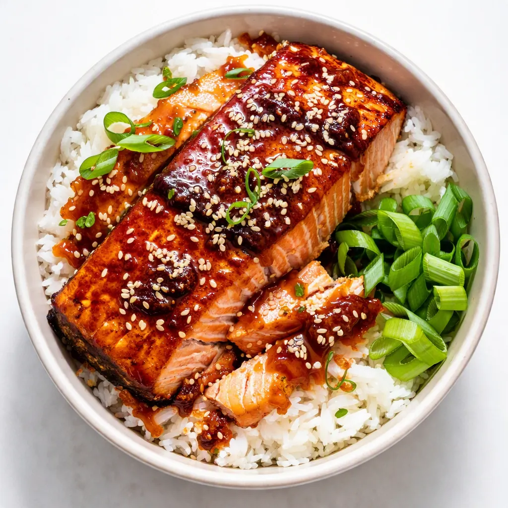 Honey sriracha salmon bowls with glossy glaze, fluffy rice, and crisp veggies in a one-pan process shot.
