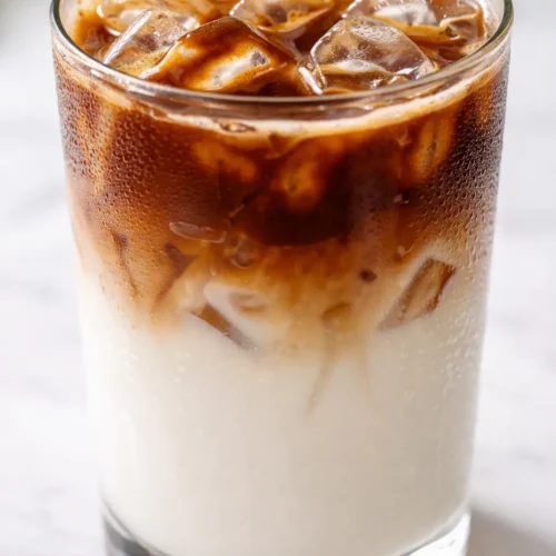Iced Apple Crisp Oatmilk Macchiato with creamy oatmilk, apple crisp syrup, and espresso over ice, dusted with cinnamon.