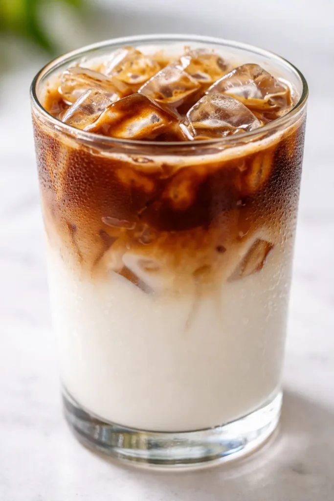 Iced Apple Crisp Oatmilk Macchiato with creamy oatmilk, apple crisp syrup, and espresso over ice, dusted with cinnamon.