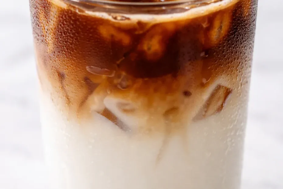 Iced Apple Crisp Oatmilk Macchiato with creamy oatmilk, apple crisp syrup, and espresso over ice, dusted with cinnamon.