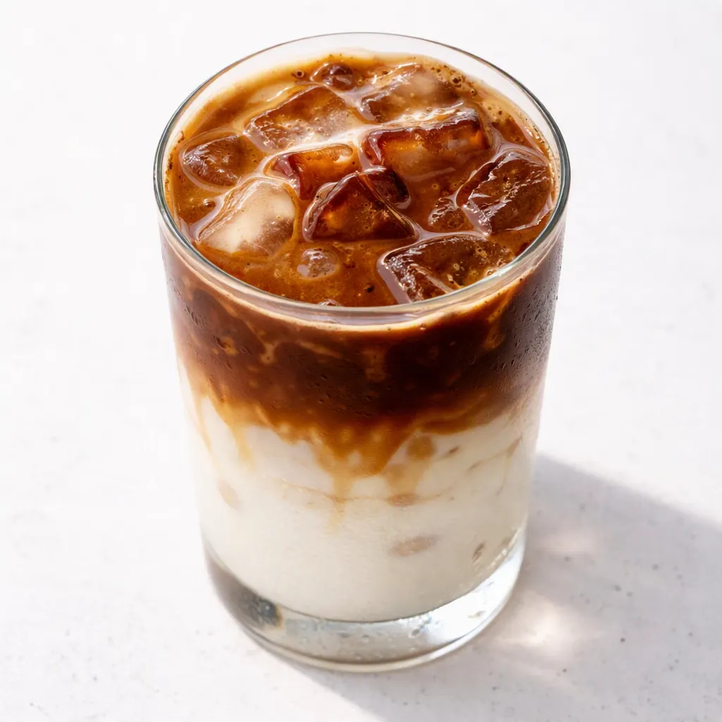 Layering espresso over oat milk and spiced apple syrup for an iced apple crisp oatmilk macchiato, with golden caramel tones.