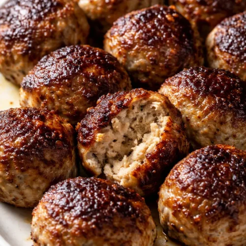 Golden-brown melt-in-your-mouth Italian meatballs simmering in rich marinara sauce with fresh basil and grated Parmesan.