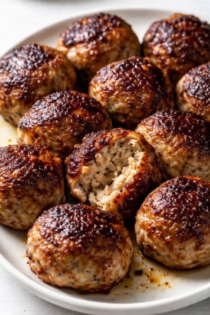 Golden-brown melt-in-your-mouth Italian meatballs simmering in rich marinara sauce with fresh basil and grated Parmesan.