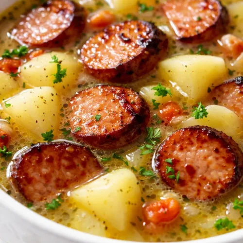 Hearty kielbasa sausage potato soup in a rustic bowl, creamy golden broth with tender potatoes and sliced kielbasa, topped with parsley.