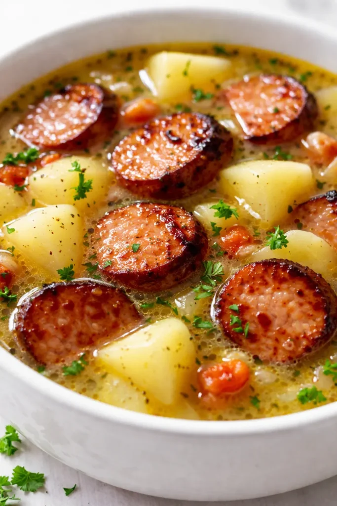 Hearty kielbasa sausage potato soup in a rustic bowl, creamy golden broth with tender potatoes and sliced kielbasa, topped with parsley.