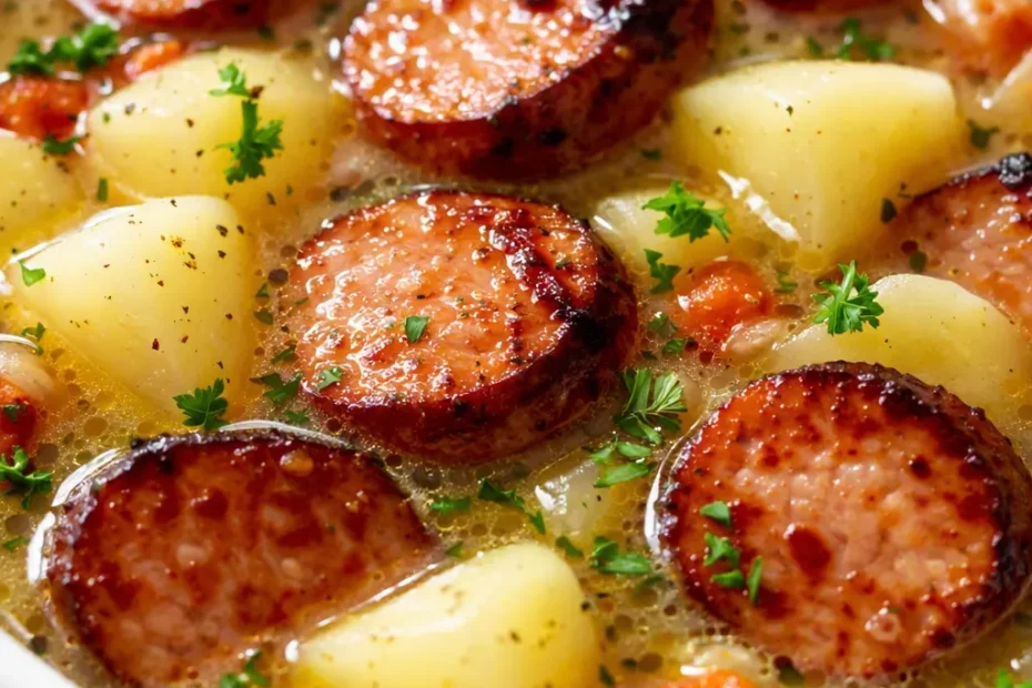 Hearty kielbasa sausage potato soup in a rustic bowl, creamy golden broth with tender potatoes and sliced kielbasa, topped with parsley.