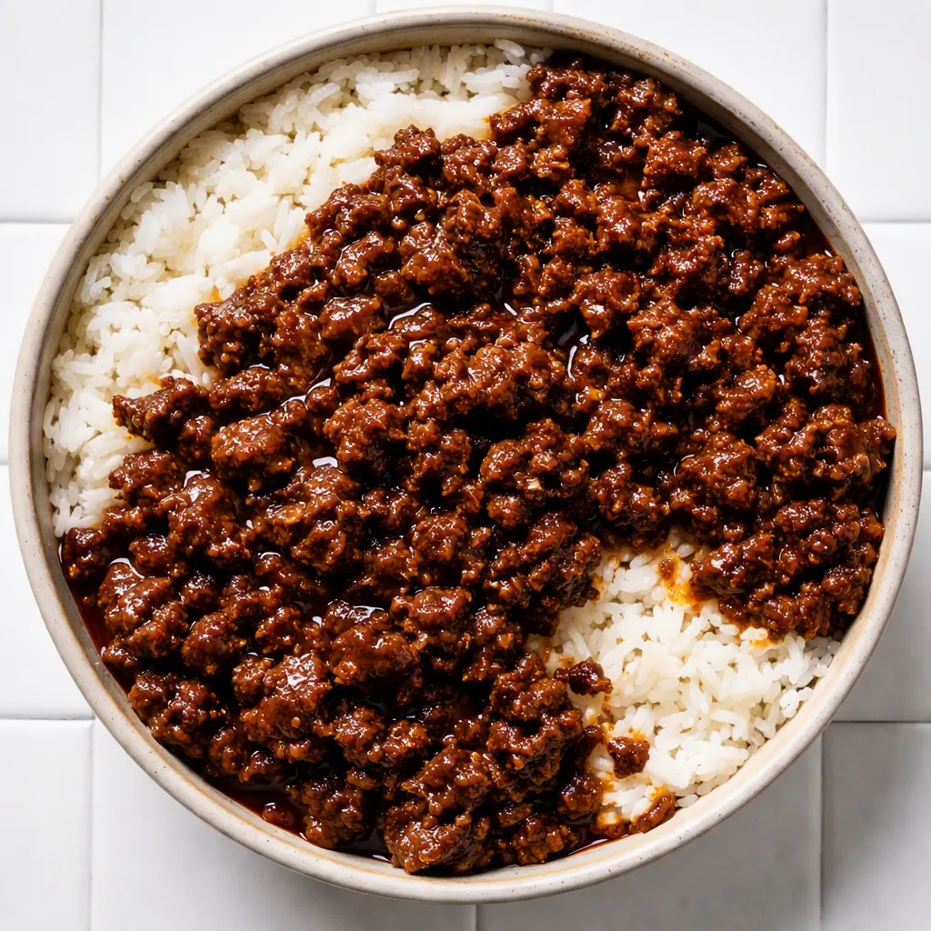 Browning ground beef in a skillet with garlic, ginger, and soy sauce, creating a caramelized texture for Korean ground beef bowls.