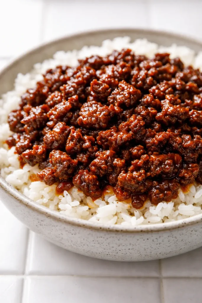 Korean ground beef bowl with steamed rice, sauteed vegetables, and a glossy soy-sesame glaze garnished with green onions and sesame seeds.