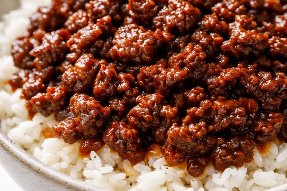 Korean ground beef bowl with steamed rice, sauteed vegetables, and a glossy soy-sesame glaze garnished with green onions and sesame seeds.