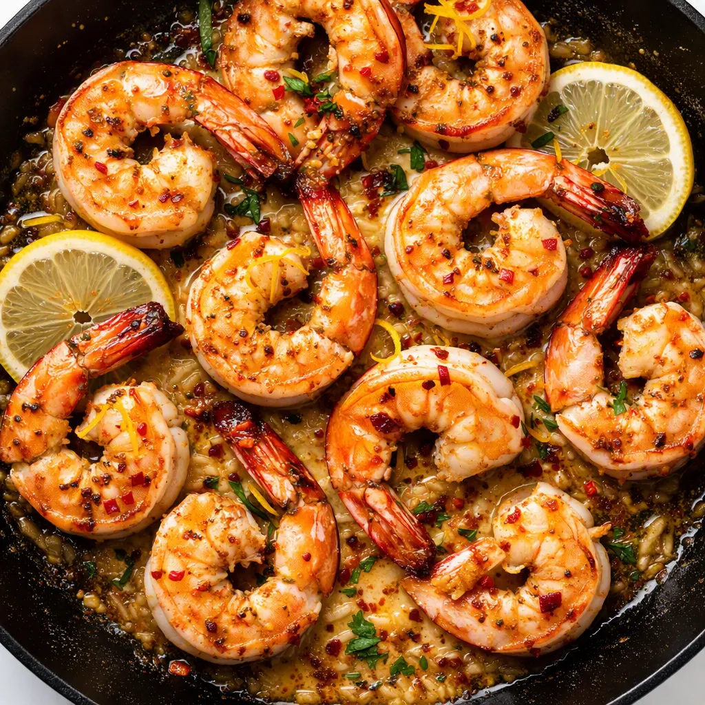 Lemon garlic butter shrimp sizzling in a hot pan, coated in glossy golden butter with minced garlic and fresh lemon.