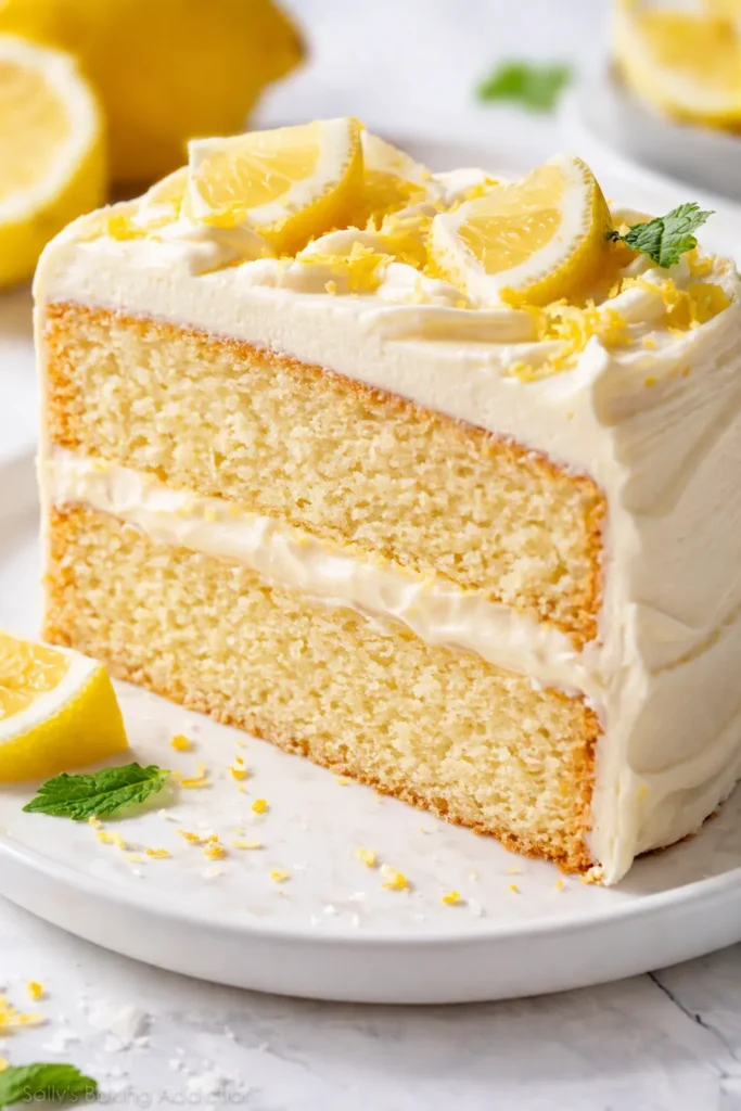 Lemon velvet cake slice with glossy lemon cream cheese frosting and tender buttermilk crumb, bright yellow interior