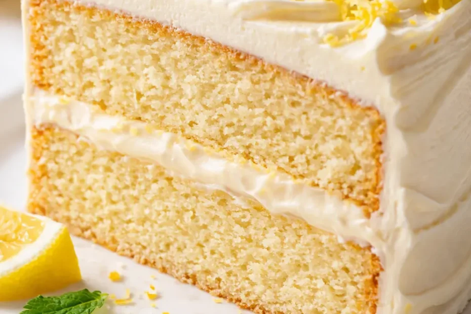 Lemon velvet cake slice with glossy lemon cream cheese frosting and tender buttermilk crumb, bright yellow interior