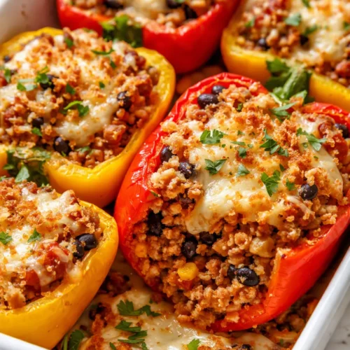 Bright red and yellow stuffed bell peppers with golden cheese topping, filling firm and flavorful, not soggy.