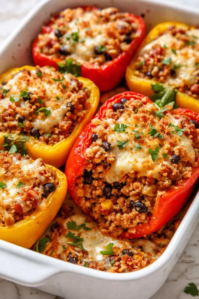 Bright red and yellow stuffed bell peppers with golden cheese topping, filling firm and flavorful, not soggy.