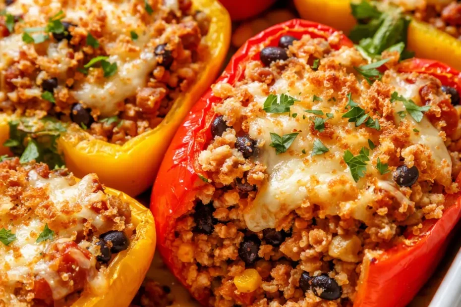 Bright red and yellow stuffed bell peppers with golden cheese topping, filling firm and flavorful, not soggy.