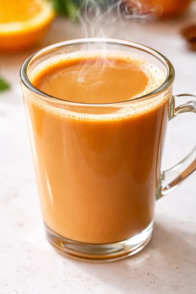 Creamy orange cinnamon milk tea in a glass mug, warm orange tones with a cinnamon stick and dried orange slice, smooth and inviting.
