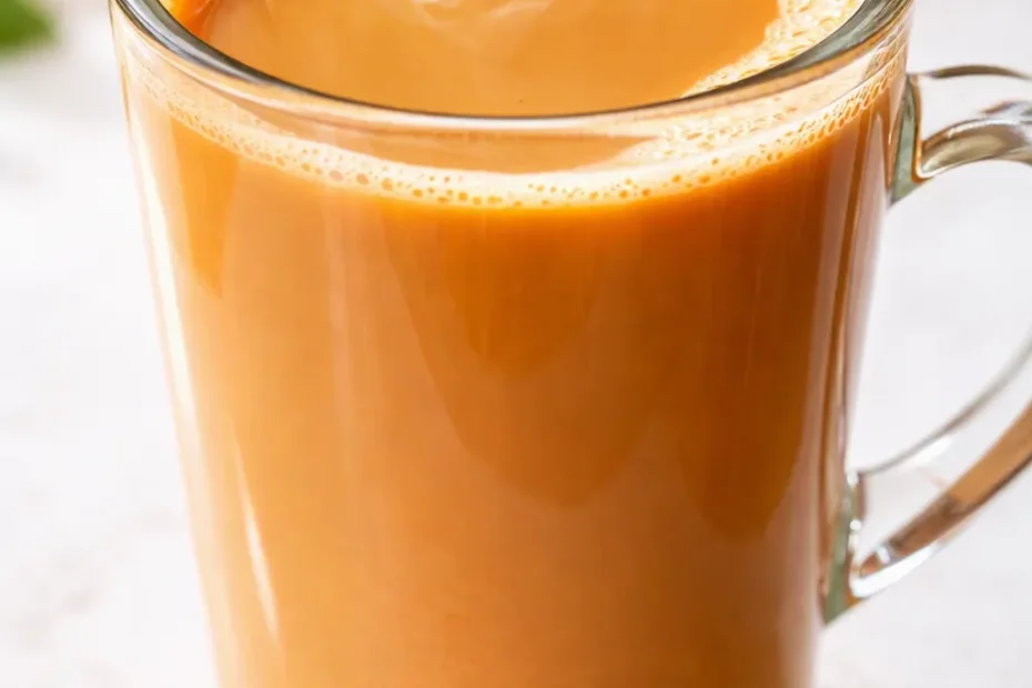Creamy orange cinnamon milk tea in a glass mug, warm orange tones with a cinnamon stick and dried orange slice, smooth and inviting.