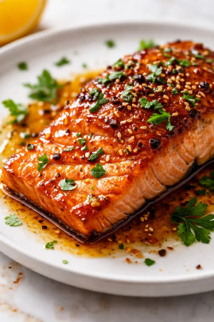 Sticky orange glazed salmon fillet with glossy caramelized glaze, sprinkled with sesame seeds and fresh chives.