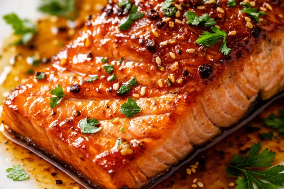 Sticky orange glazed salmon fillet with glossy caramelized glaze, sprinkled with sesame seeds and fresh chives.