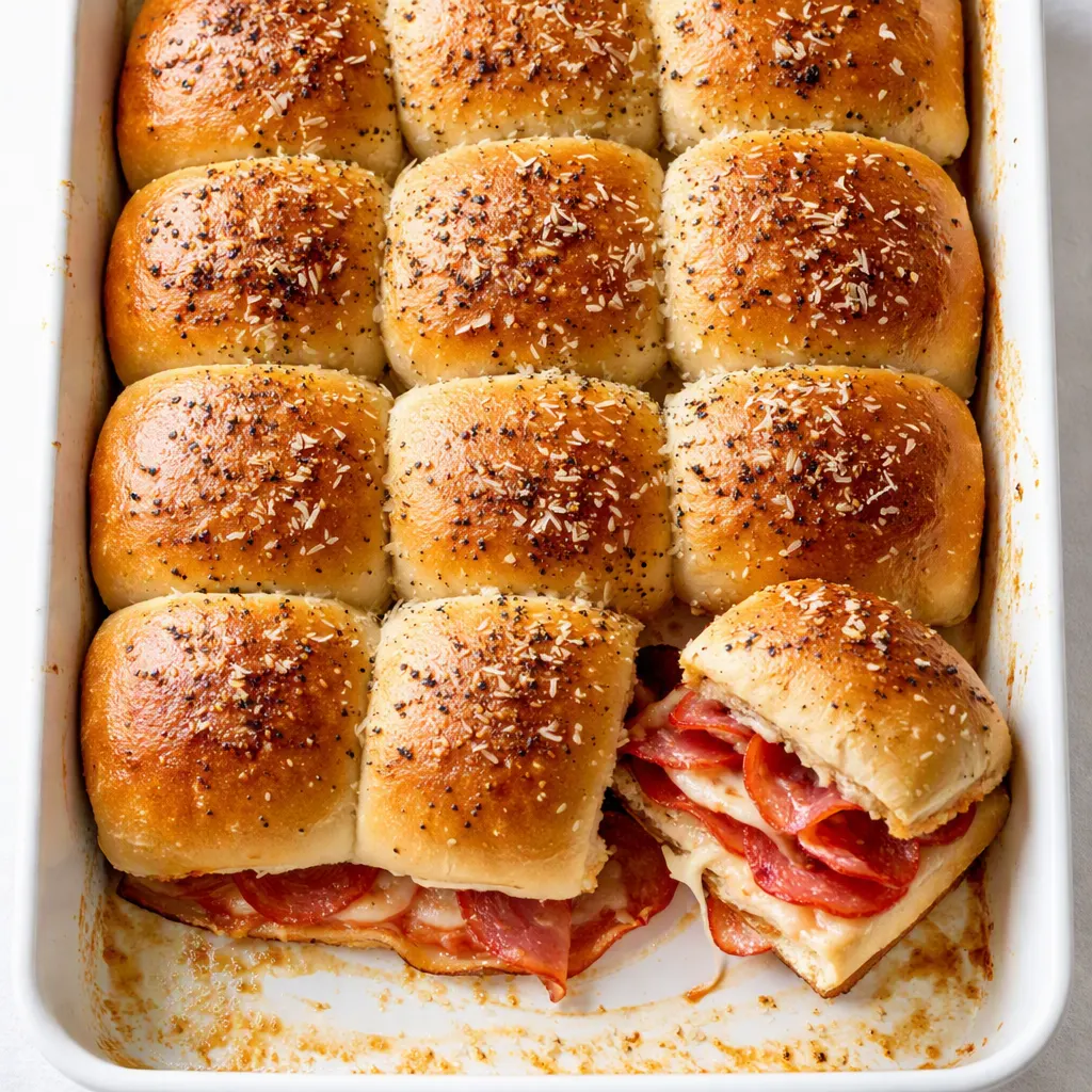Pepperoni pizza sliders baking with melted mozzarella, crispy pepperoni, and golden buttered tops.