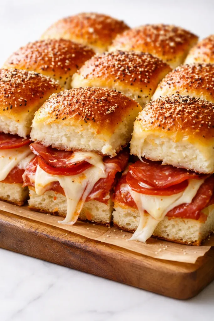 Pepperoni pizza sliders with golden toasted buns, bubbly melted mozzarella, and crisp pepperoni, fresh from the oven.
