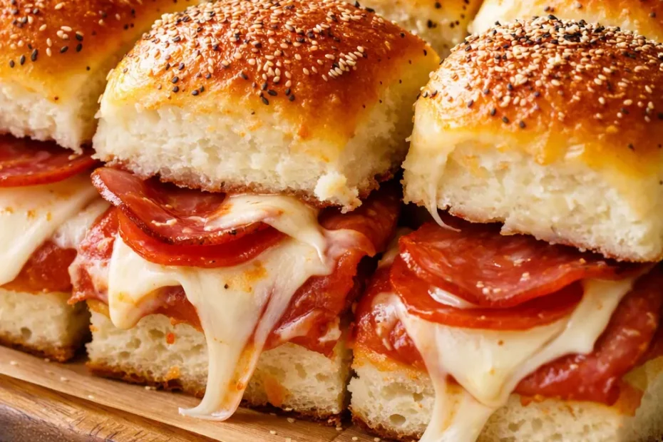 Pepperoni pizza sliders with golden toasted buns, bubbly melted mozzarella, and crisp pepperoni, fresh from the oven.