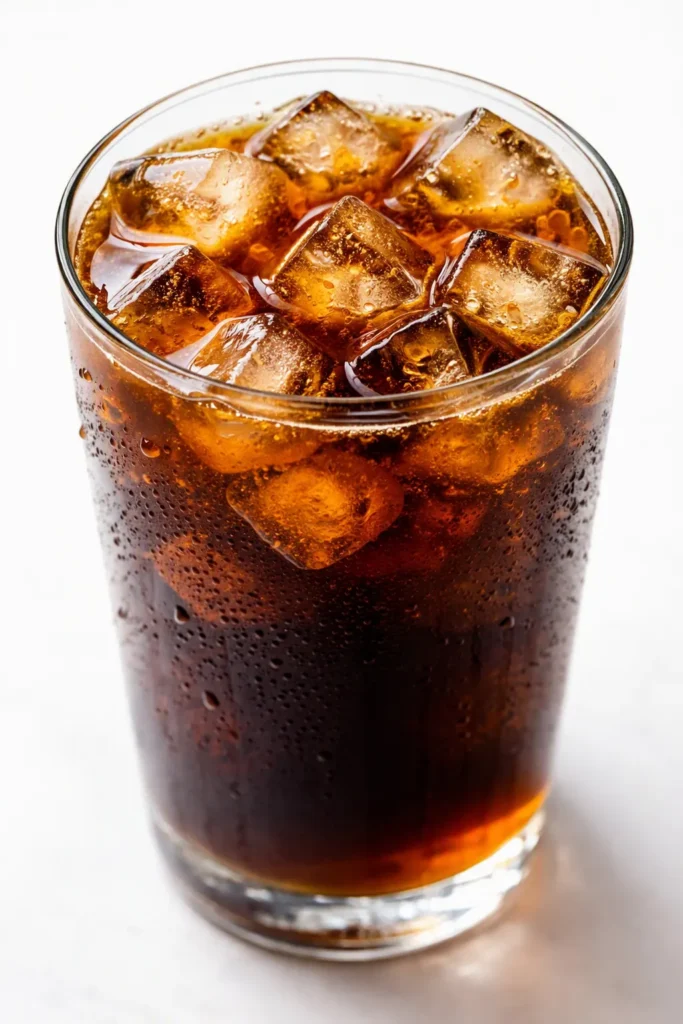 Pumpkin spice cold brew in a tall glass with cream swirl, cinnamon sprinkle, and ice cubes, rich amber color.