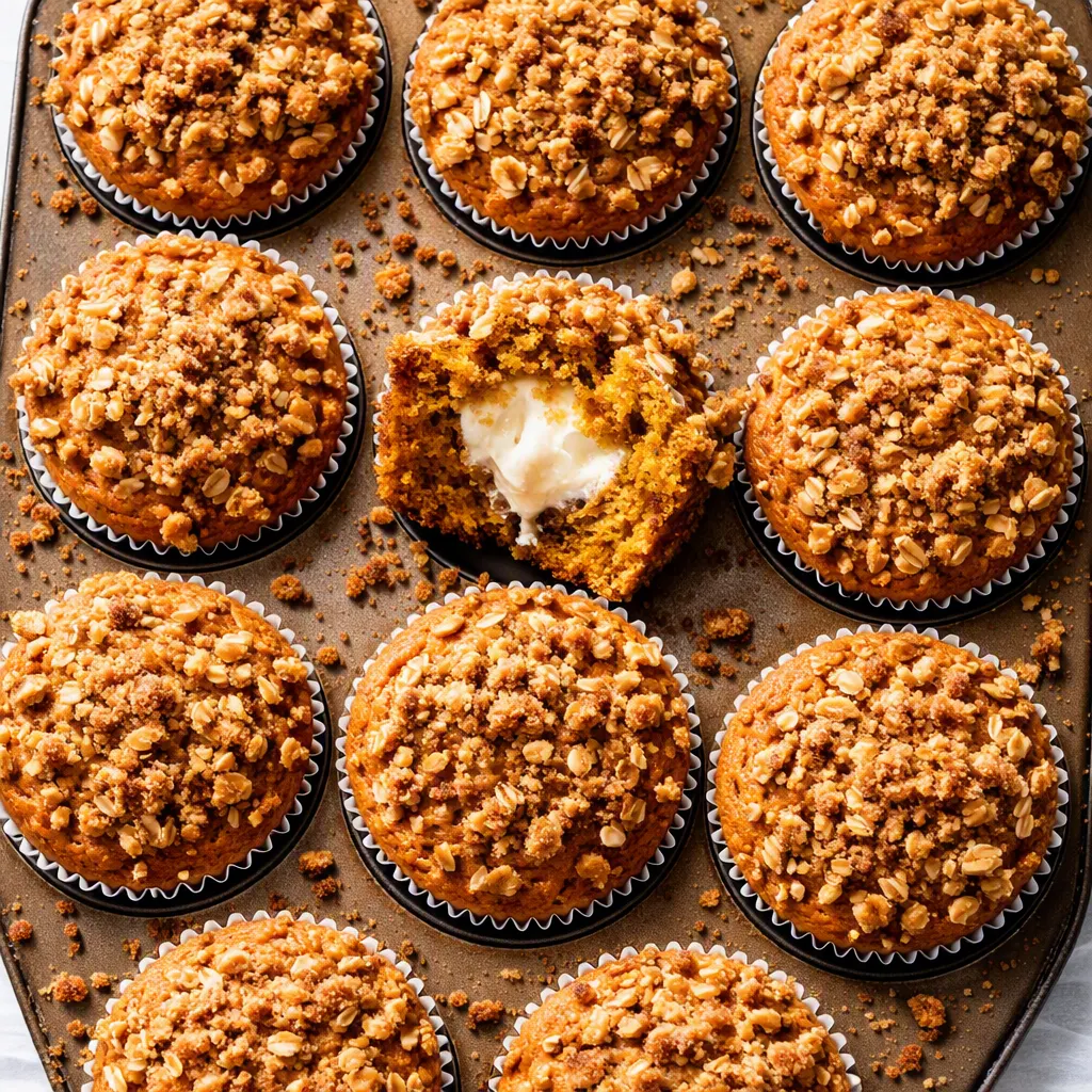 Sprinkling buttery streusel over pumpkin cream cheese muffin batter, golden crumbles and spiced orange crumb with creamy swirl.
